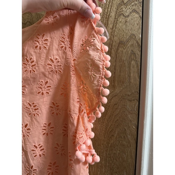 Lilly Pulitzer Astara Top Peach Flamingo Orange Palm Tree Eyelet Pom-Poms XXS - Picture 7 of 10